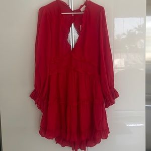 Red deep V neck long sleeve dress